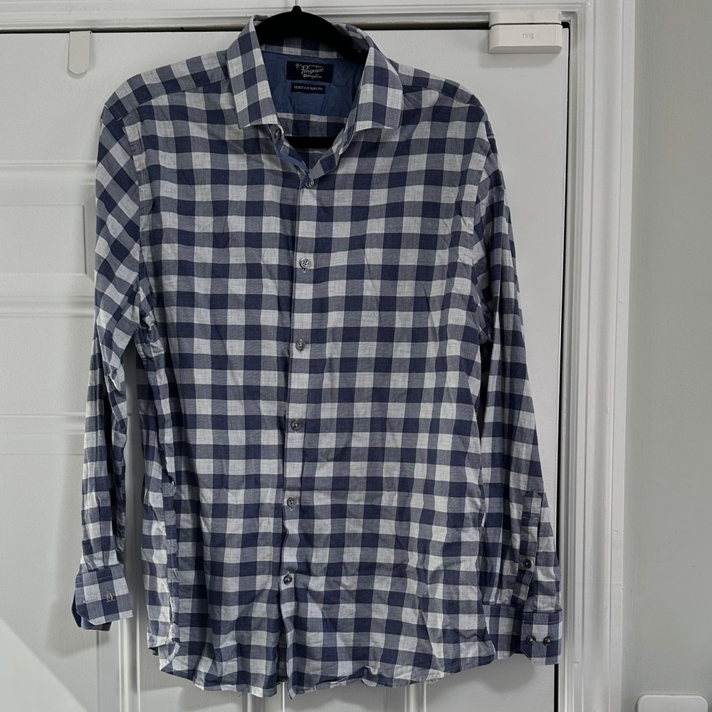 Penguin Navy and White Check Long-Sleeve Button-Down Shirt Size 16 32/33